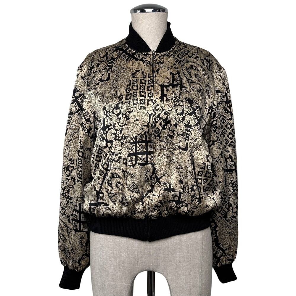 SLB Petite Silk Bomber Jacket Black Beige Patterned Boho Sporty Womens M